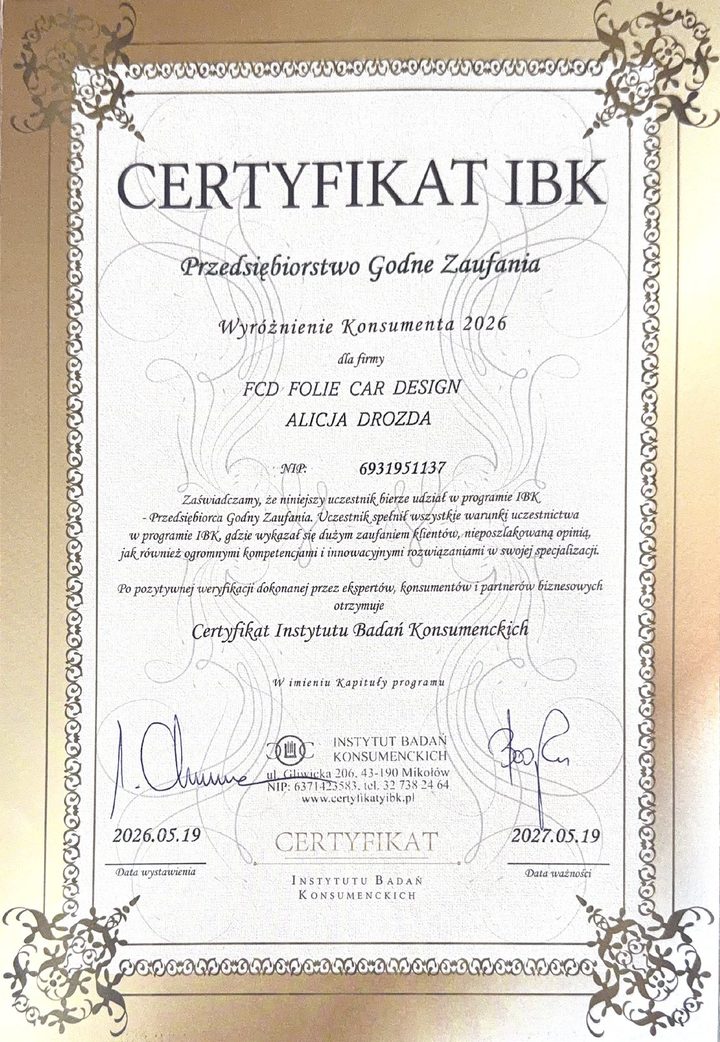 Certyfikat Instytutu Badań Konsumenckich „Przedsiębiorstwo Godne Zaufania – Wyróżnienie Konsumenta 2026” dla FCD Folie Car Design